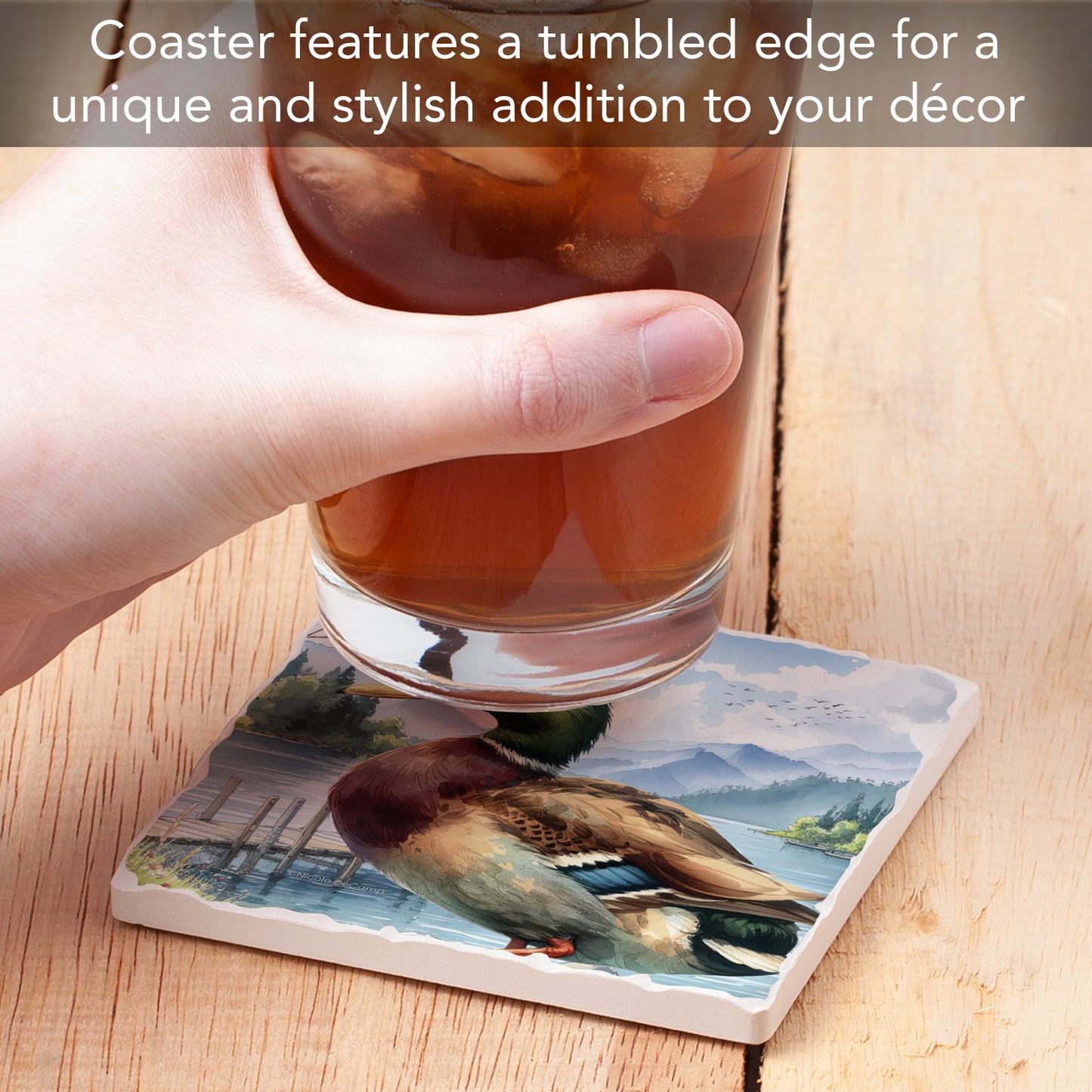 Thirstystone Lake Duck Single Tumbled Tile Stone Coaster with Protective Cork Backing Manufactured in The USA 4" Square