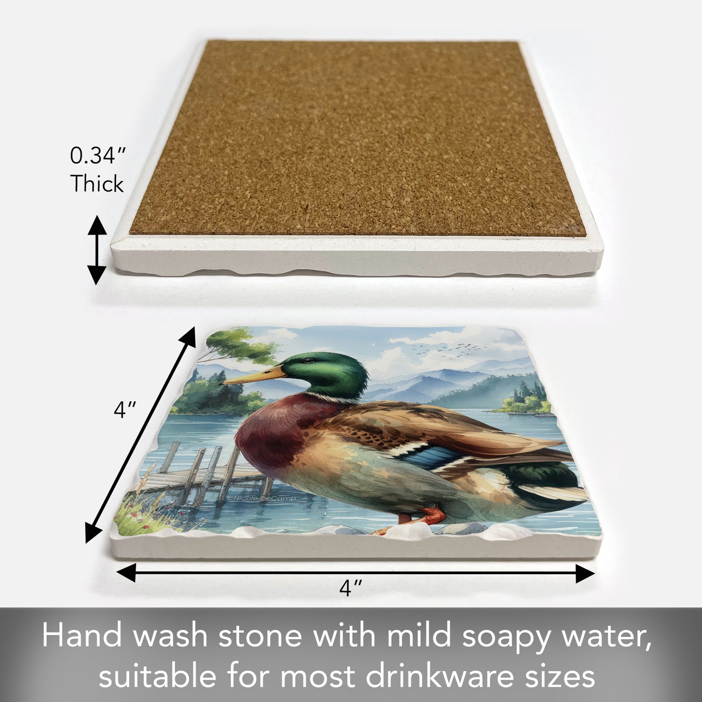 Thirstystone Lake Duck Single Tumbled Tile Stone Coaster with Protective Cork Backing Manufactured in The USA 4" Square