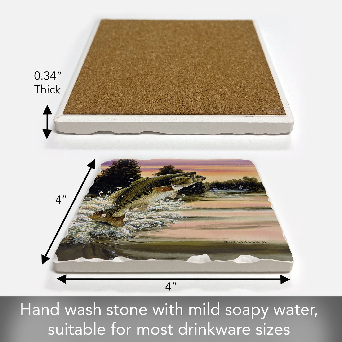 Thirstystone Bass Attack Single Tumbled Tile Stone Coaster with Protective Cork Backing Manufactured in The USA 4" Square