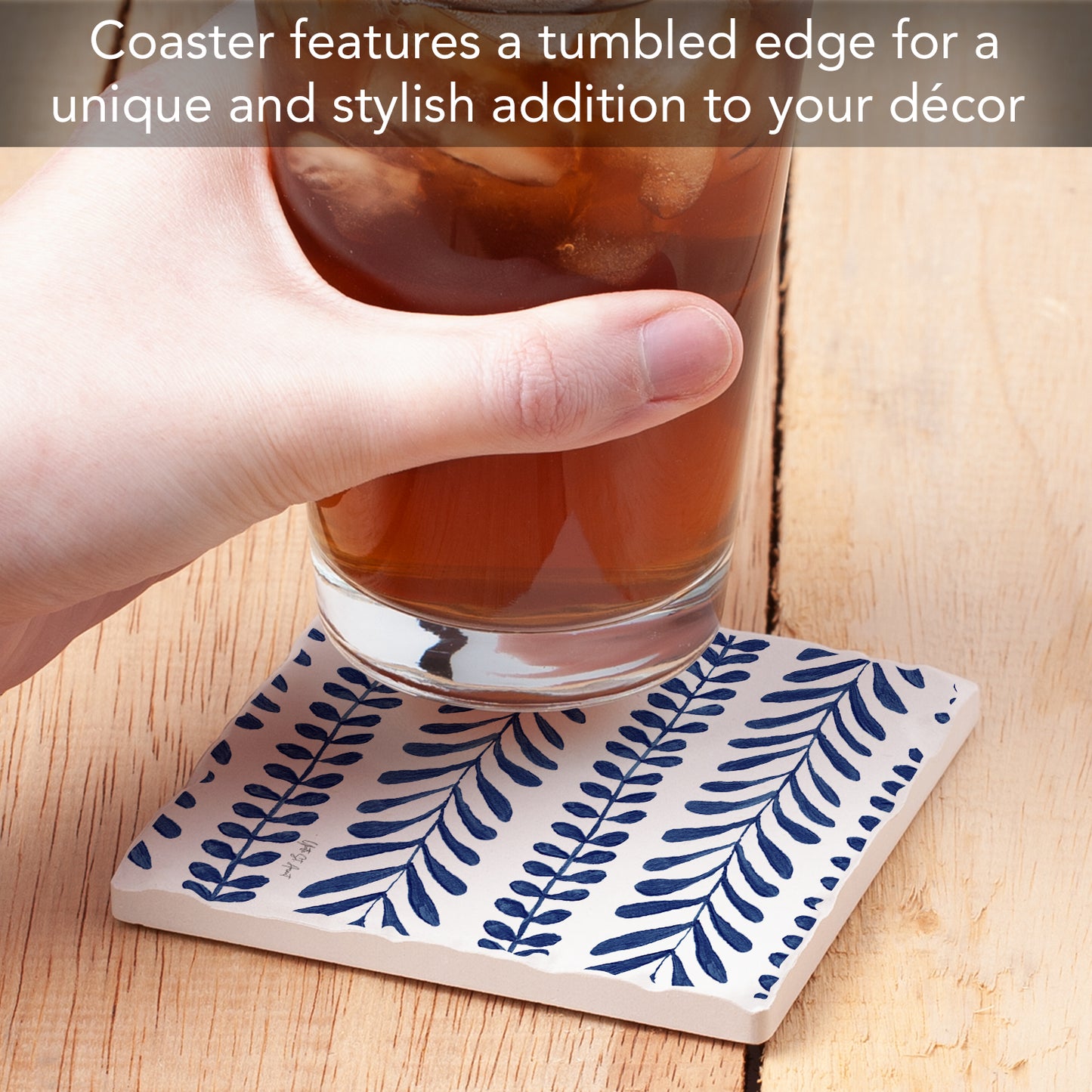 Thirstystone Indigo Seaweed Single Tumbled Tile Stone Coaster with Protective Cork Backing Manufactured in The USA 4" Square, Colorful, Artistiic, Easily Wipes Clean