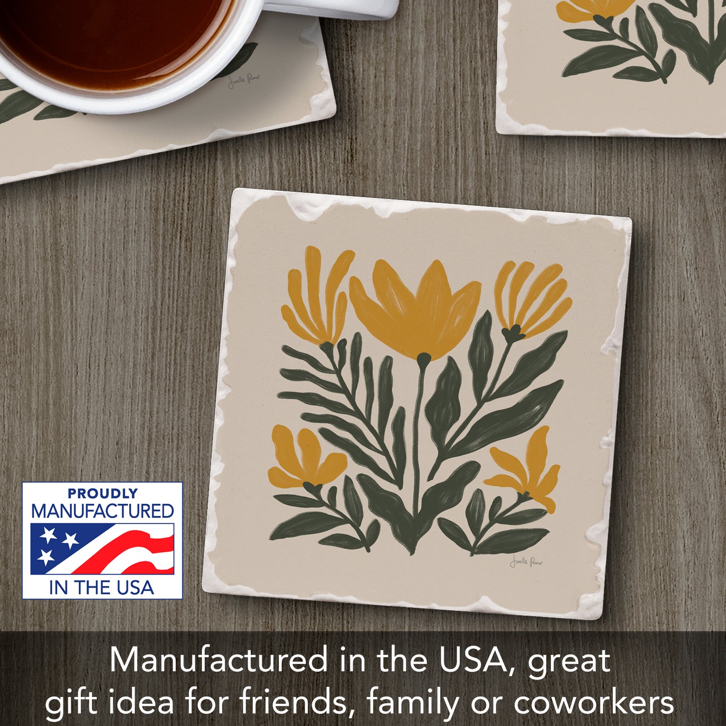 Thirstystone Yellow Petals Single Tumbled Tile Stone Coaster with Protective Cork Backing Manufactured in The USA 4" Square, Colorful, Artistiic, Easily Wipes Clean