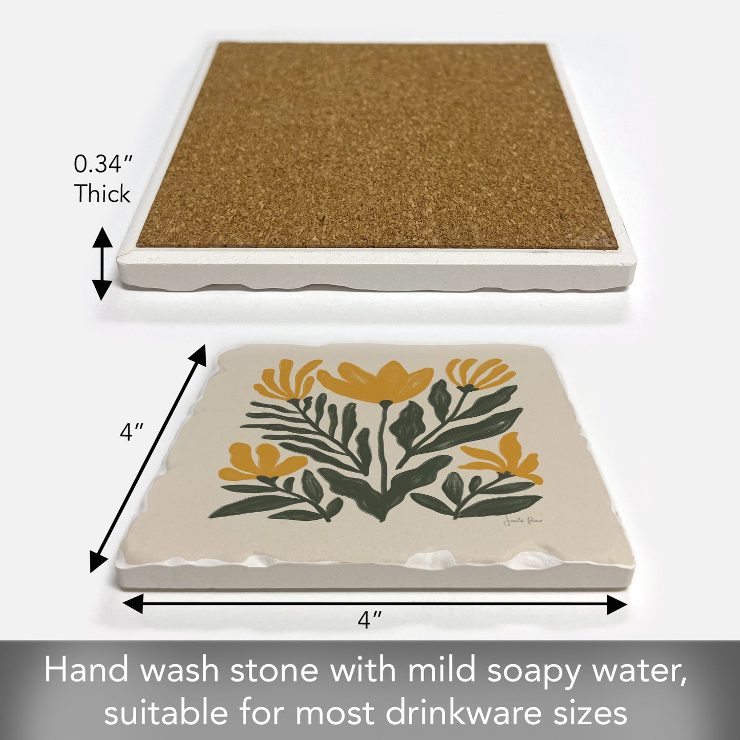Thirstystone Yellow Petals Single Tumbled Tile Stone Coaster with Protective Cork Backing Manufactured in The USA 4" Square, Colorful, Artistiic, Easily Wipes Clean