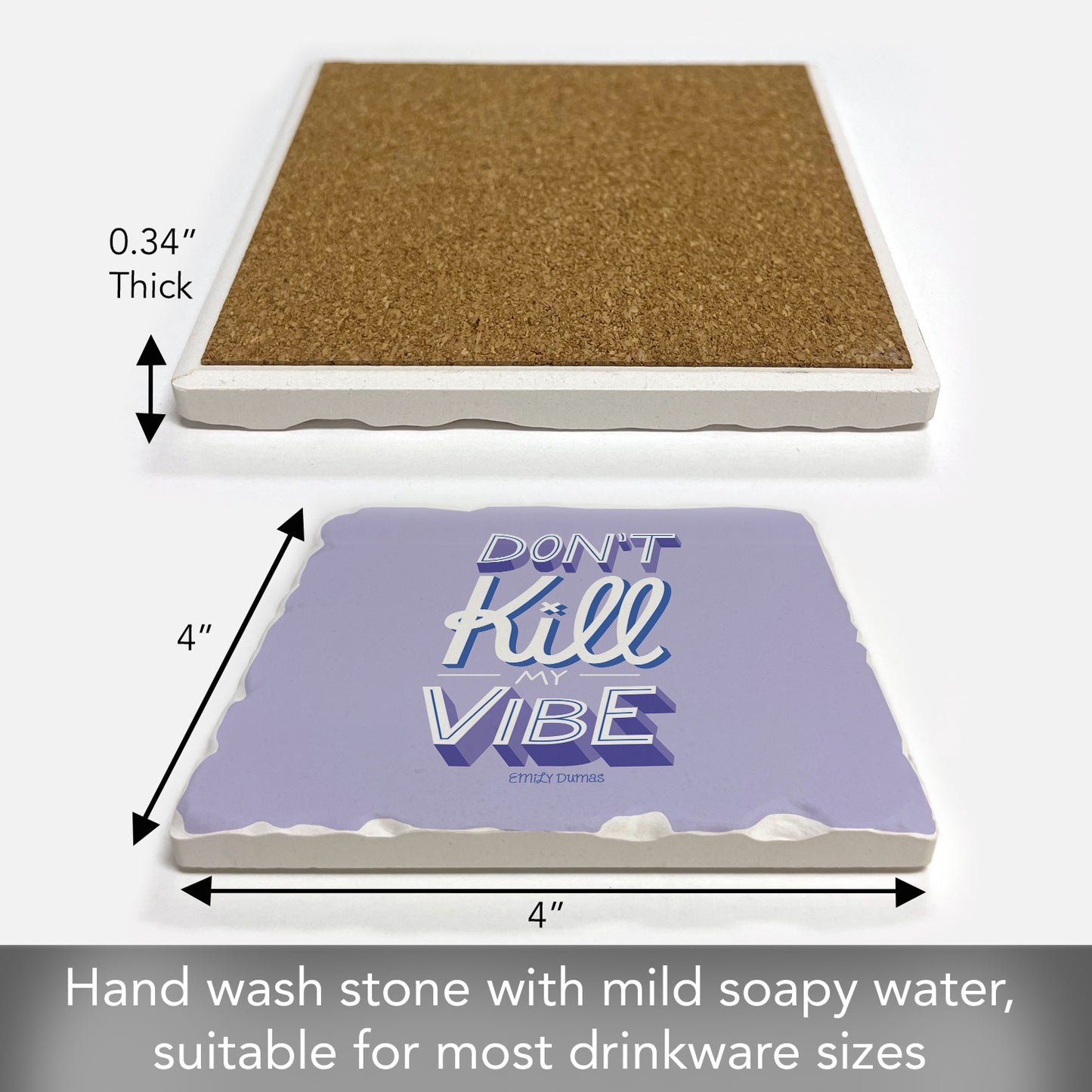 Thirstystone Don't Kill My Vibe Single Tumbled Tile Stone Coaster with Protective Cork Backing Manufactured in The USA 4" Square, Colorful, Artistiic, Easily Wipes Clean