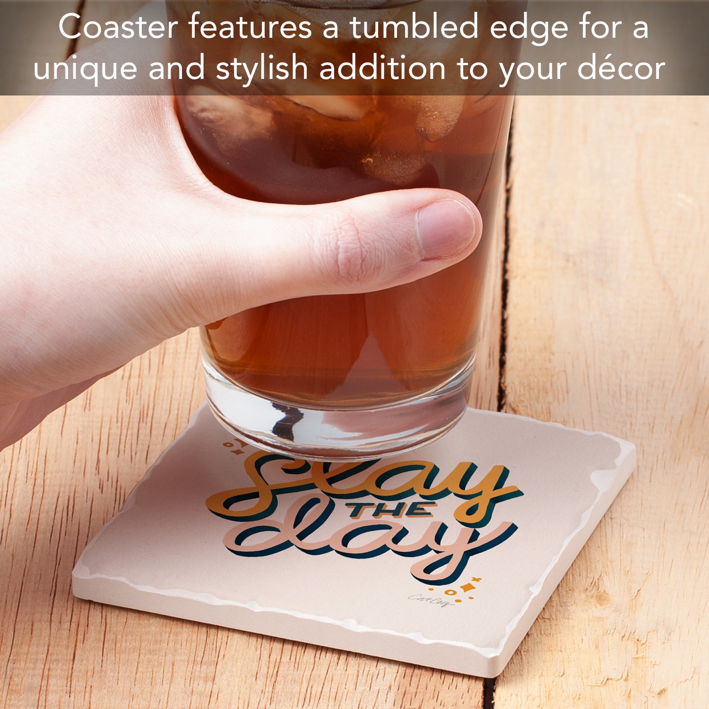 Thirstystone Slay The Day Single Tumbled Tile Stone Coaster with Protective Cork Backing Manufactured in The USA 4" Square, Colorful, Artistic, Easily Wipes Clean