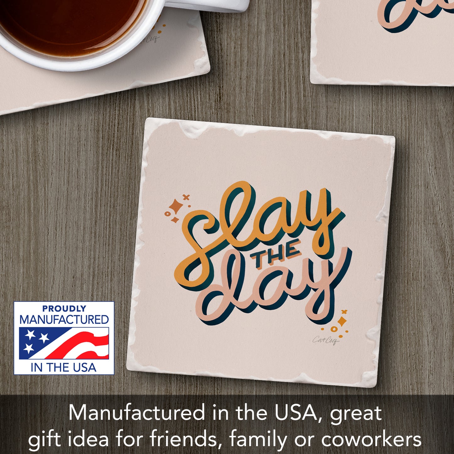 Thirstystone Slay The Day Single Tumbled Tile Stone Coaster with Protective Cork Backing Manufactured in The USA 4" Square, Colorful, Artistic, Easily Wipes Clean