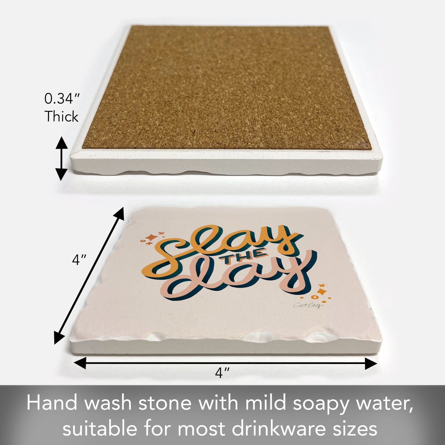 Thirstystone Slay The Day Single Tumbled Tile Stone Coaster with Protective Cork Backing Manufactured in The USA 4" Square, Colorful, Artistic, Easily Wipes Clean