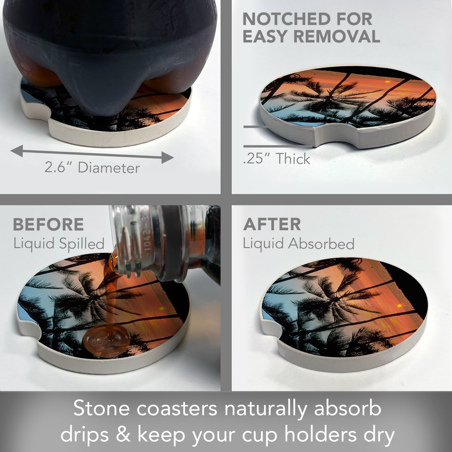 Thirstystone Palms Single Absorbent Stone Coaster for Vehicle Cup Holder 2.6” Diameter Manufactured in The USA