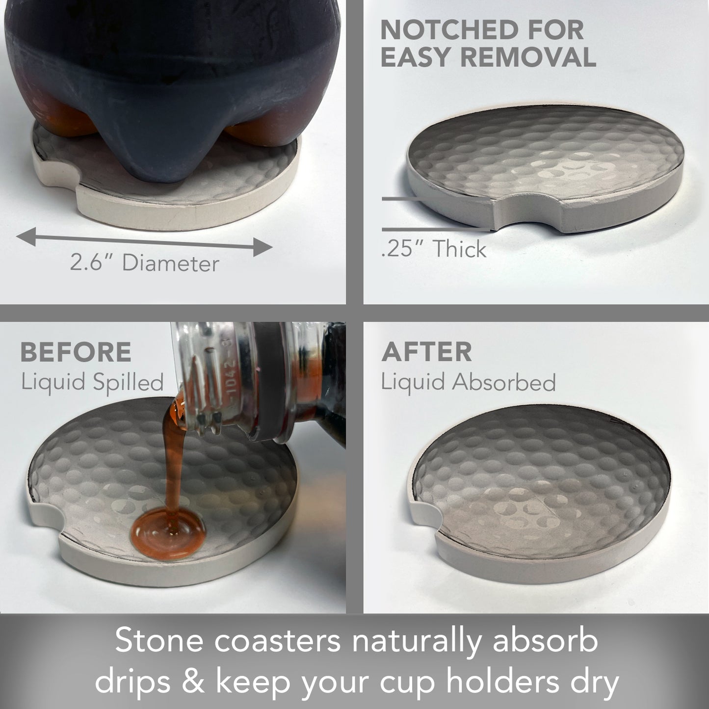 Golf Ball Single Absorbent Stone Car Coaster 2.6” Diameter Manufactured in the USA