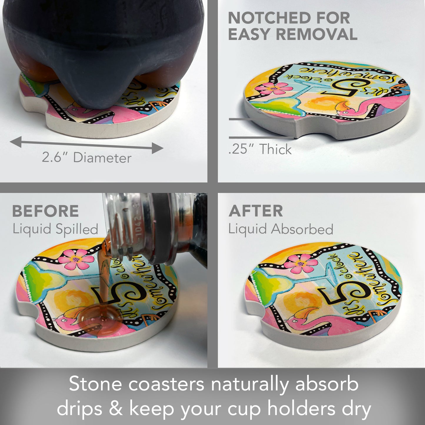 Thirstystone Five O'Clock Somewhere Single Absorbent Stone Car Coaster for Vehicle Cup Holder 2.6” Diameter Manufactured in The USA