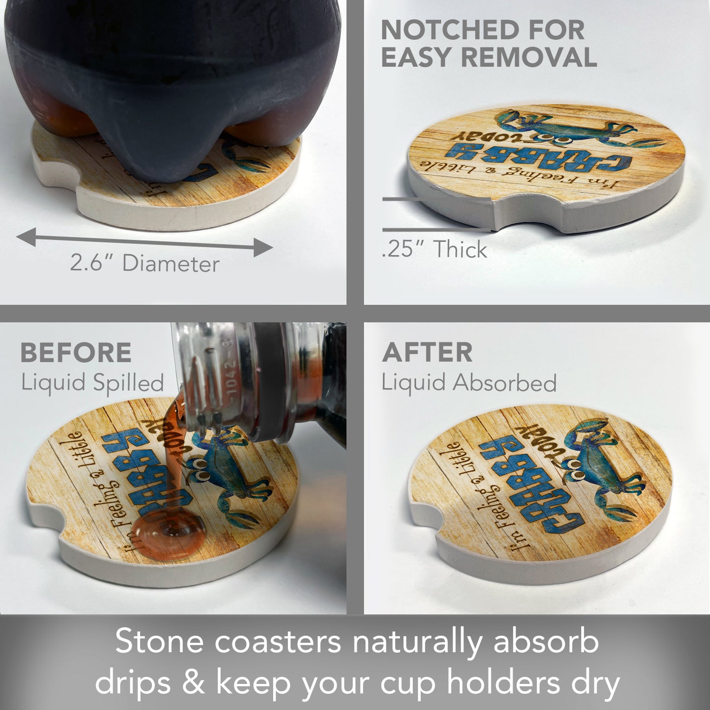 Thirstystone Feeling Crabby Single Absorbent Stone Coaster for Vehicle Cup Holder 2.6” Diameter Manufactured in The USA
