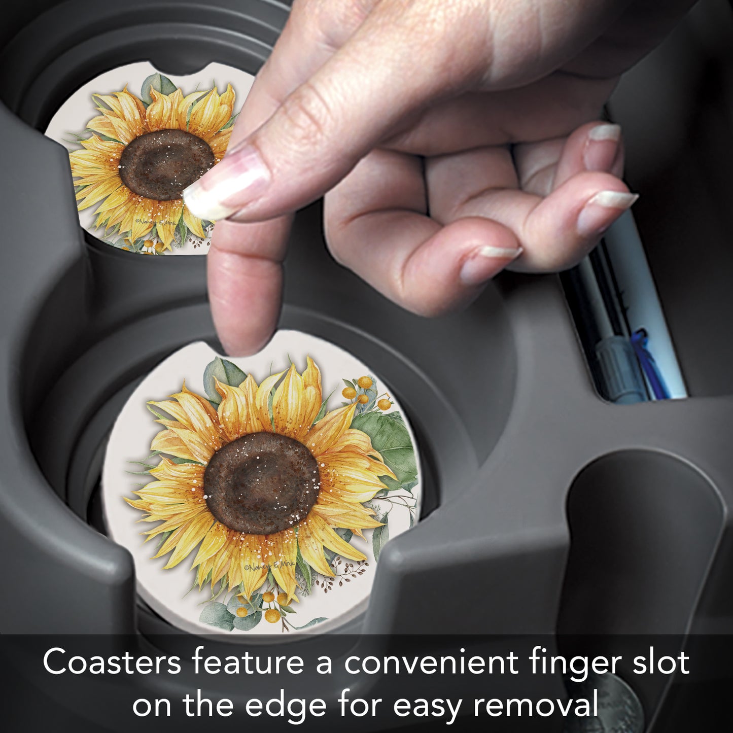 Thirstystone Sunflower Fields Single Absorbent Stone Coaster for Vehicle Cup Holder 2.6” Diameter Manufactured in The USA