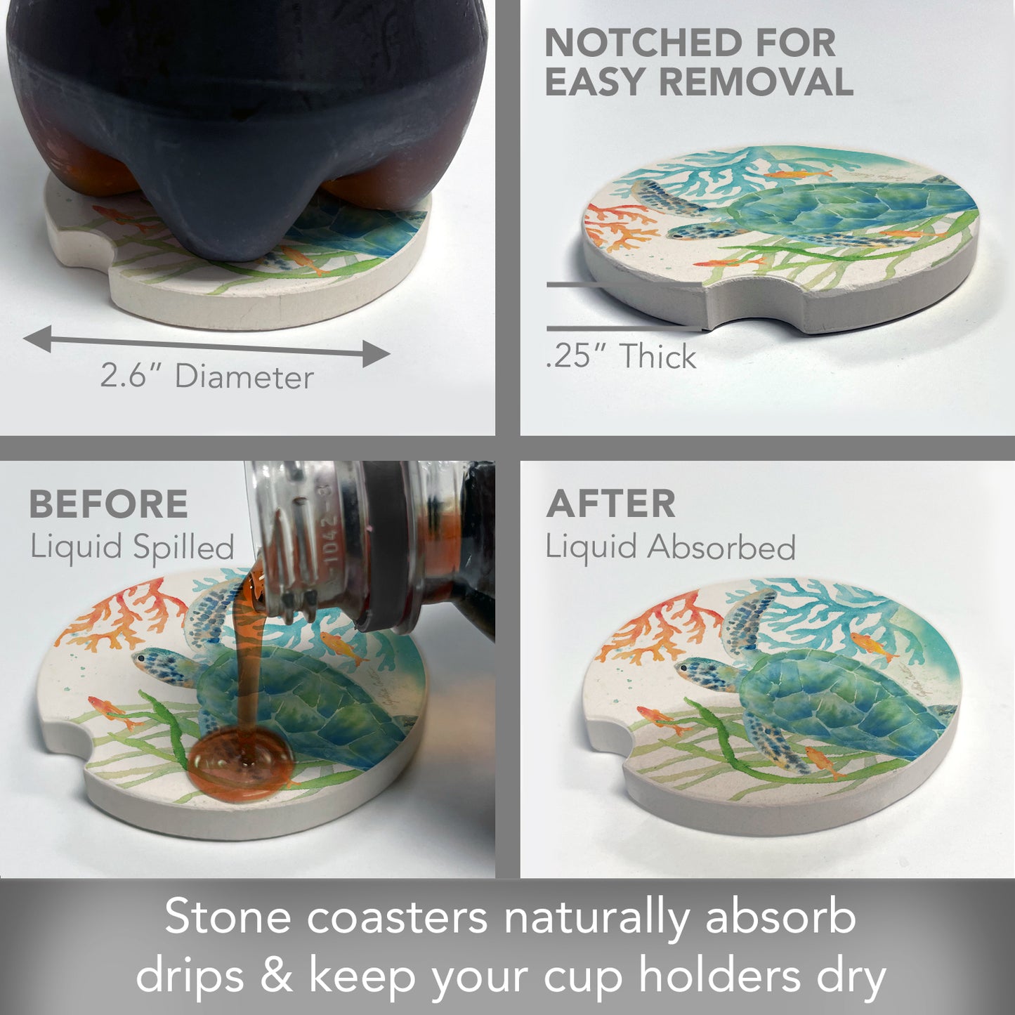 Thirstystone Sea Life Serenade Single Absorbent Stone Coaster for Vehicle Cup Holder 2.6” Diameter Manufactured in The USA