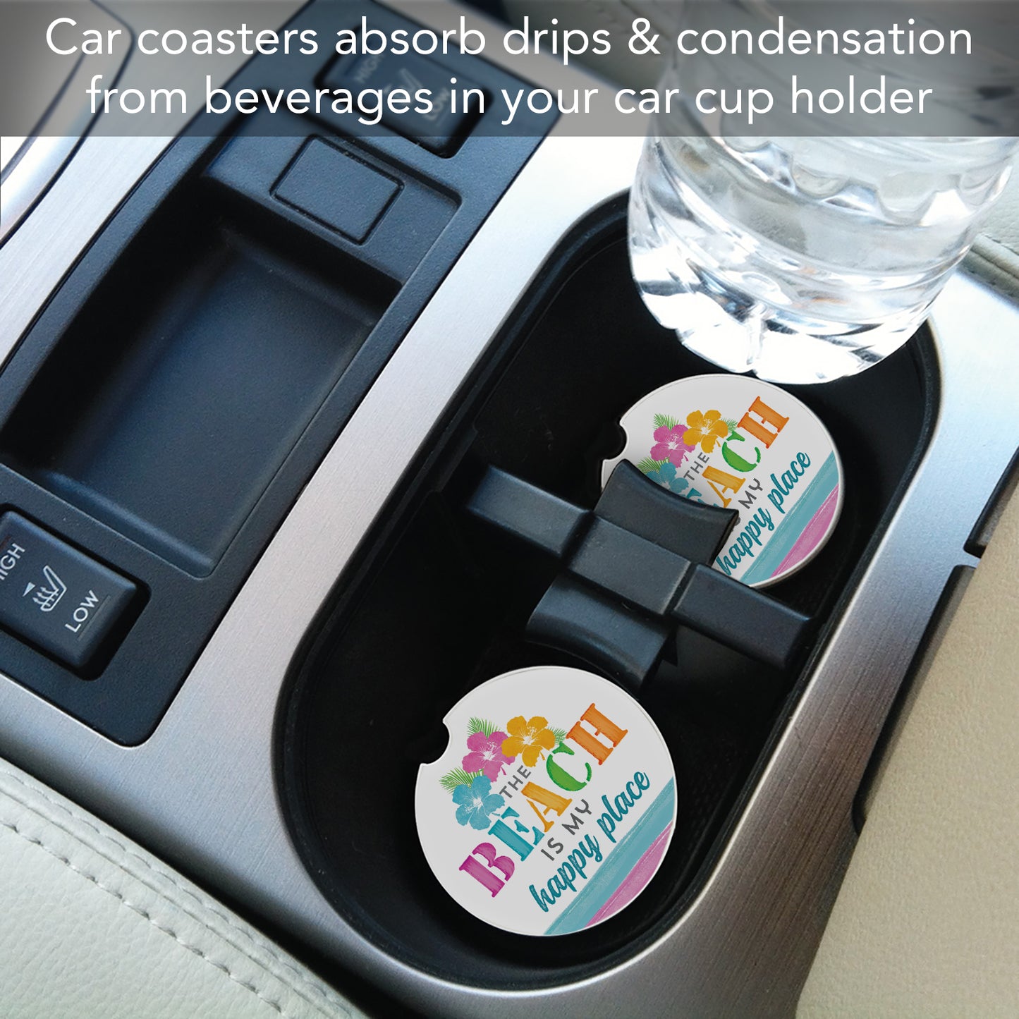 Thirstystone Beach Happy Single Absorbent Stone Coaster for Vehicle Cup Holder 2.6” Diameter Manufactured in The USA