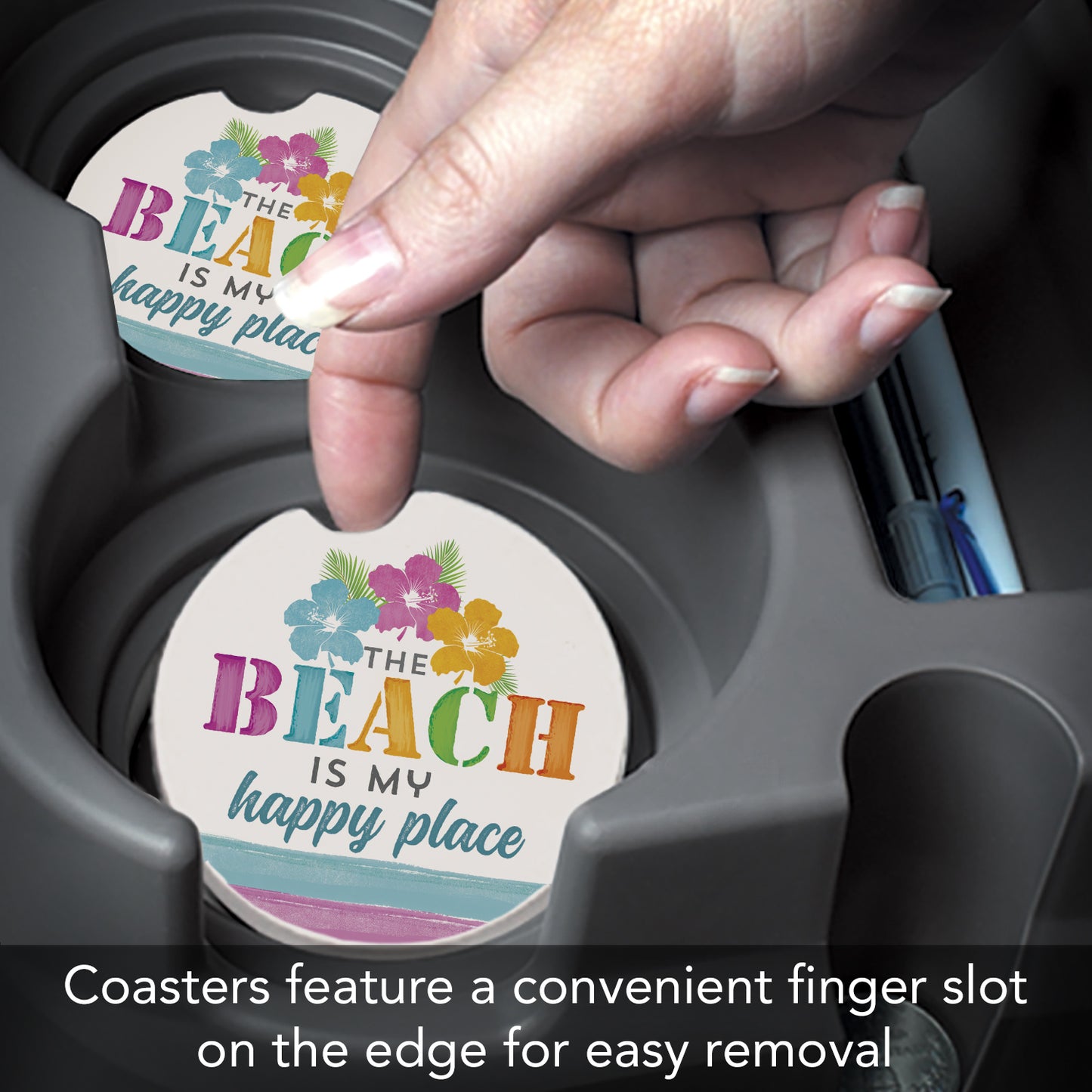 Thirstystone Beach Happy Single Absorbent Stone Coaster for Vehicle Cup Holder 2.6” Diameter Manufactured in The USA