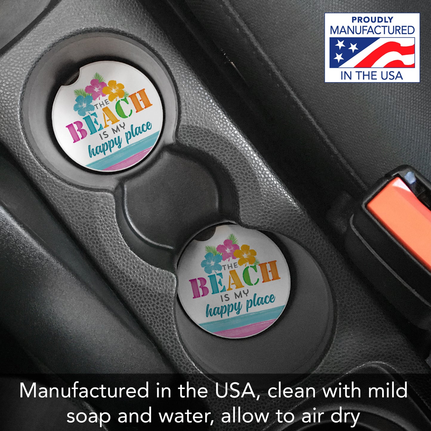 Thirstystone Beach Happy Single Absorbent Stone Coaster for Vehicle Cup Holder 2.6” Diameter Manufactured in The USA