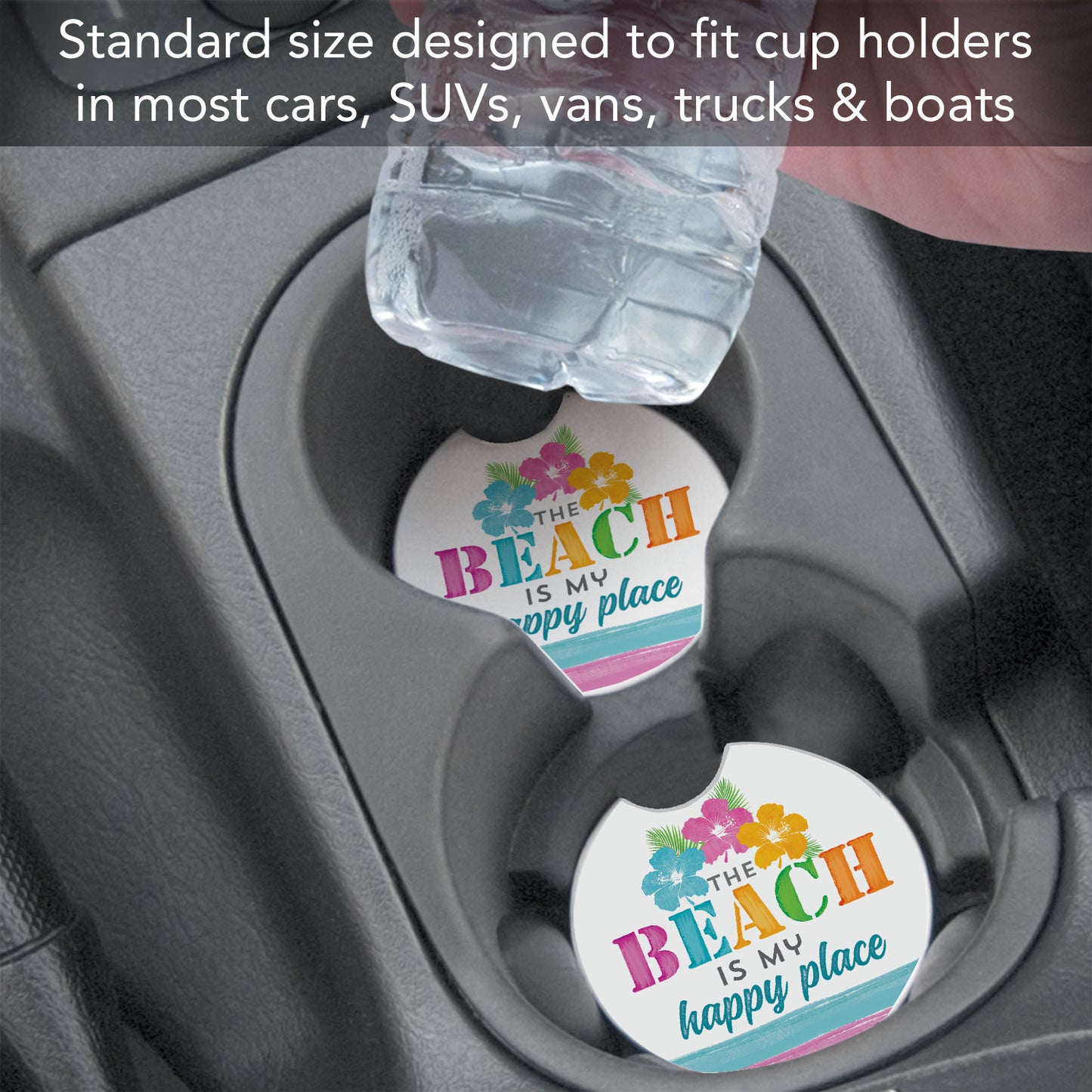 Thirstystone Beach Happy Single Absorbent Stone Coaster for Vehicle Cup Holder 2.6” Diameter Manufactured in The USA