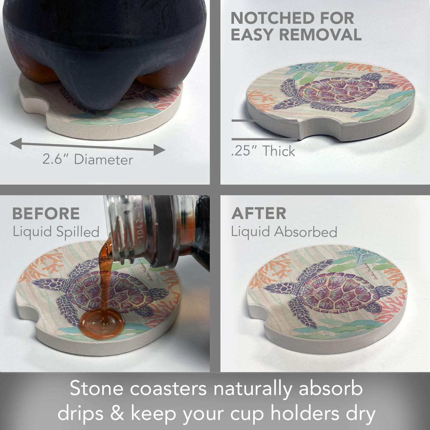 Thirstystone Sea Turtle Single Absorbent Stone Coaster for Vehicle Cup Holder 2.6” Diameter Manufactured in The USA