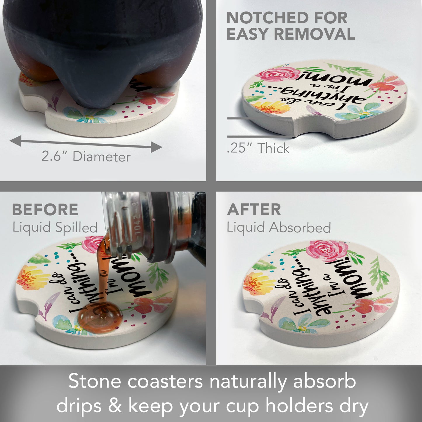 Thirstystone Can Do Anything Mom Single Absorbent Stone Coaster for Vehicle Cup Holder 2.6” Diameter Manufactured in The USA