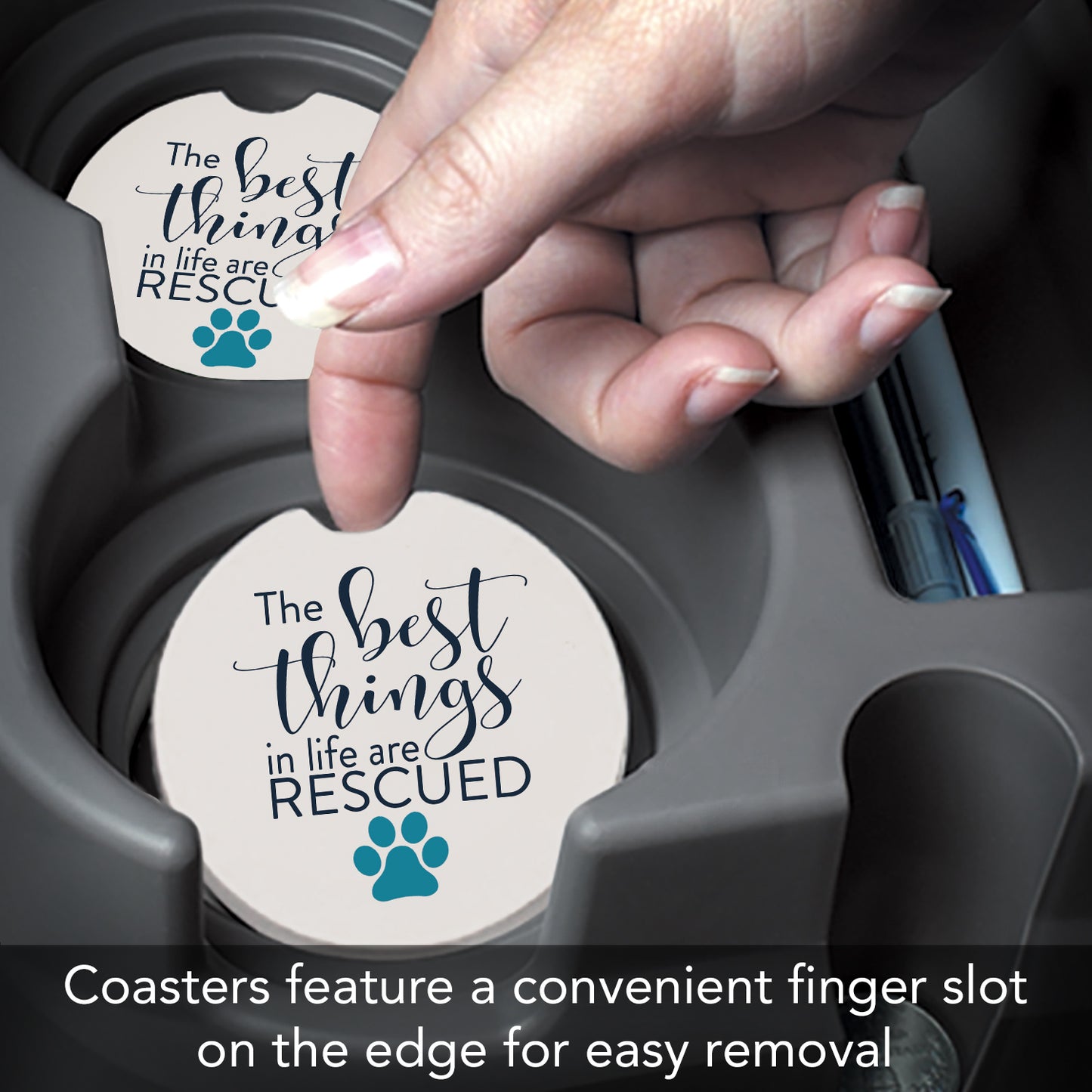 CounterArt Best Things in Life are Rescued Single Absorbent Stone Coaster for Vehicle Cup Holder 2.6” Diameter Manufactured in The USA