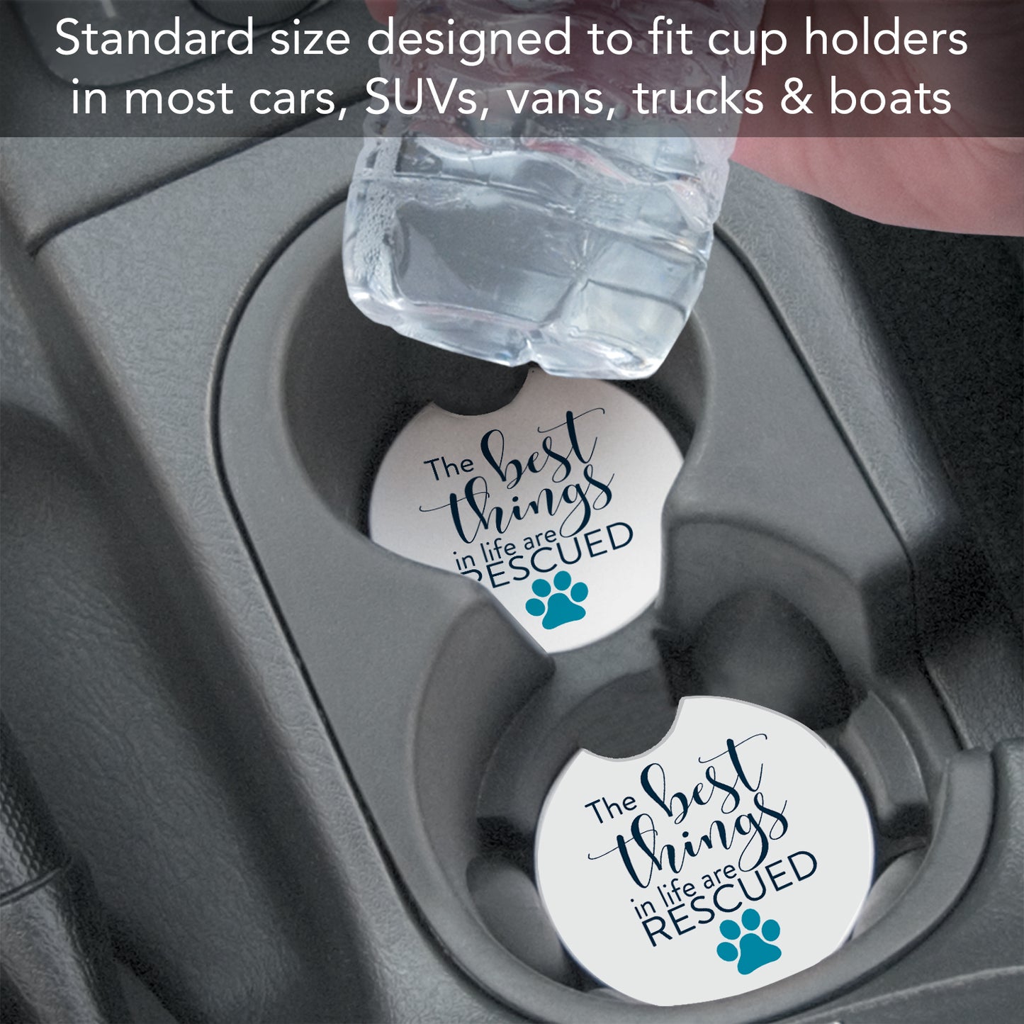 CounterArt Best Things in Life are Rescued Single Absorbent Stone Coaster for Vehicle Cup Holder 2.6” Diameter Manufactured in The USA