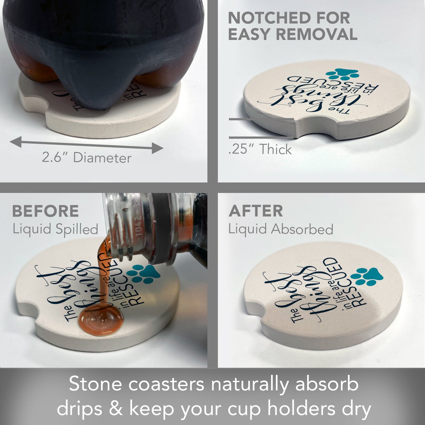 CounterArt Best Things in Life are Rescued Single Absorbent Stone Coaster for Vehicle Cup Holder 2.6” Diameter Manufactured in The USA