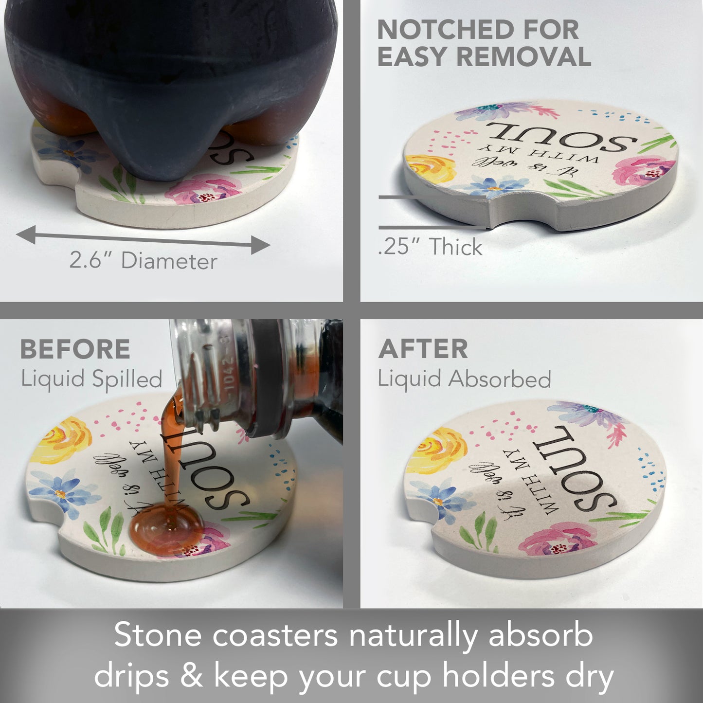 Well with My Soul Single Absorbent Stone Coaster for Vehicle Cup Holder 2.6” Diameter Manufactured in The USA
