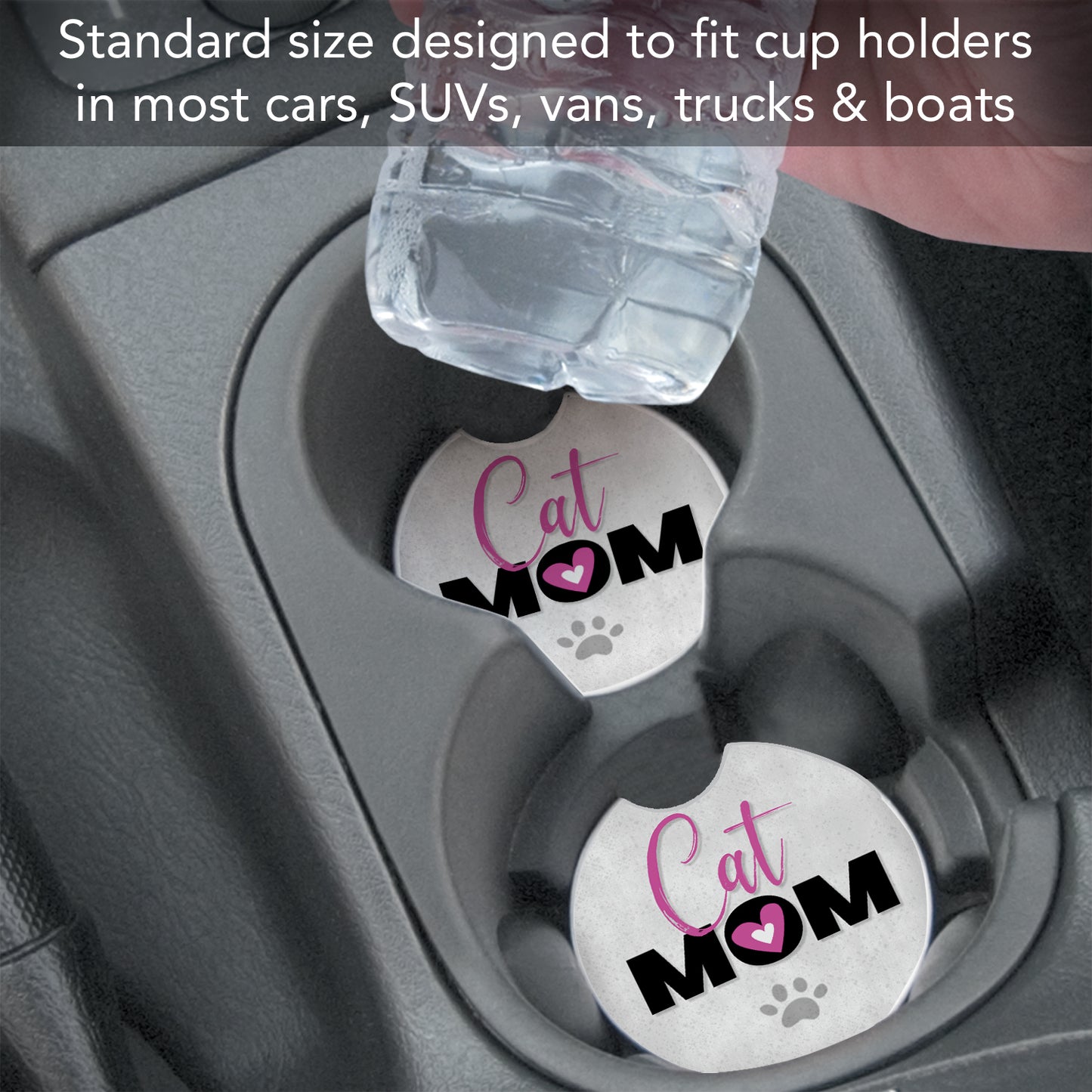 CounterArt Cat Mom Single Absorbent Stone Coaster for Vehicle Cup Holder 2.6” Diameter Manufactured in The USA