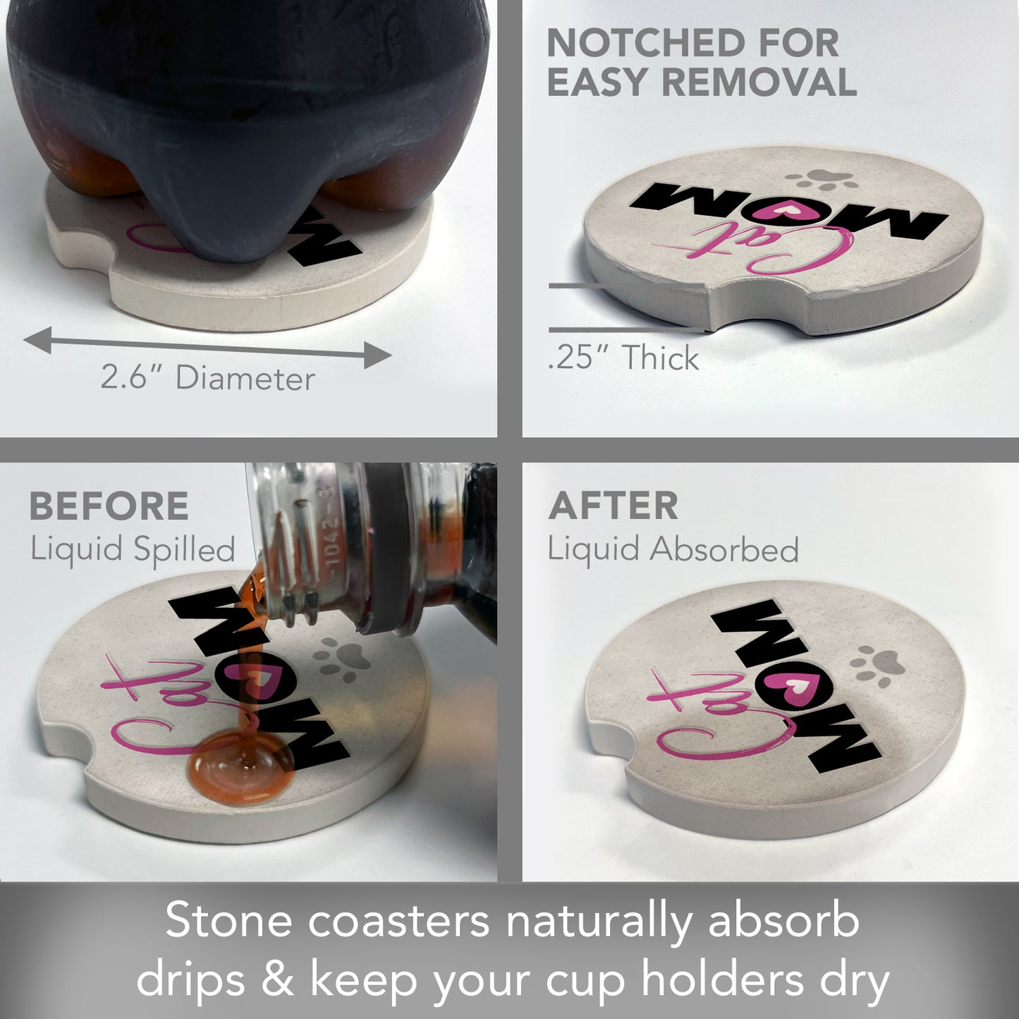 CounterArt Cat Mom Single Absorbent Stone Coaster for Vehicle Cup Holder 2.6” Diameter Manufactured in The USA