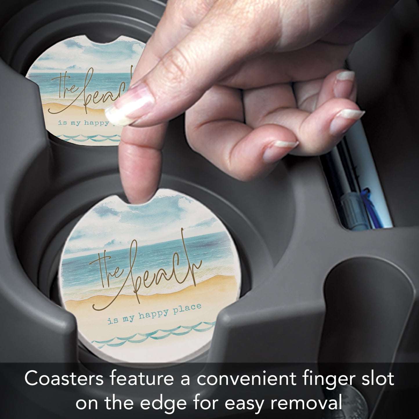Thirstystone Beach-Happy Place Single Absorbent Stone Coaster for Vehicle Cup Holder 2.6” Diameter Manufactured in The USA