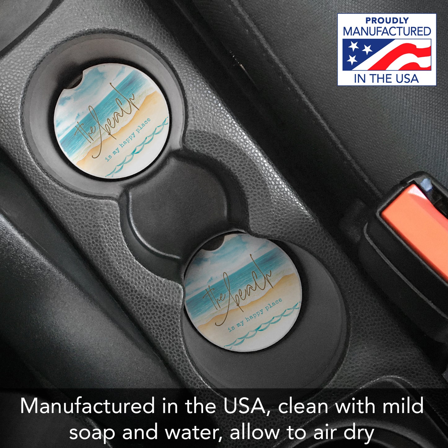 Thirstystone Beach-Happy Place Single Absorbent Stone Coaster for Vehicle Cup Holder 2.6” Diameter Manufactured in The USA