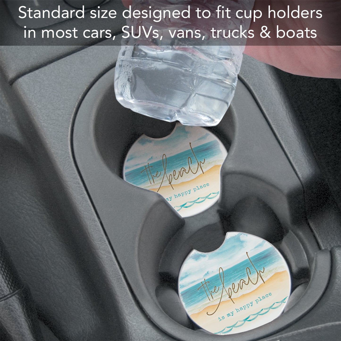 Thirstystone Beach-Happy Place Single Absorbent Stone Coaster for Vehicle Cup Holder 2.6” Diameter Manufactured in The USA