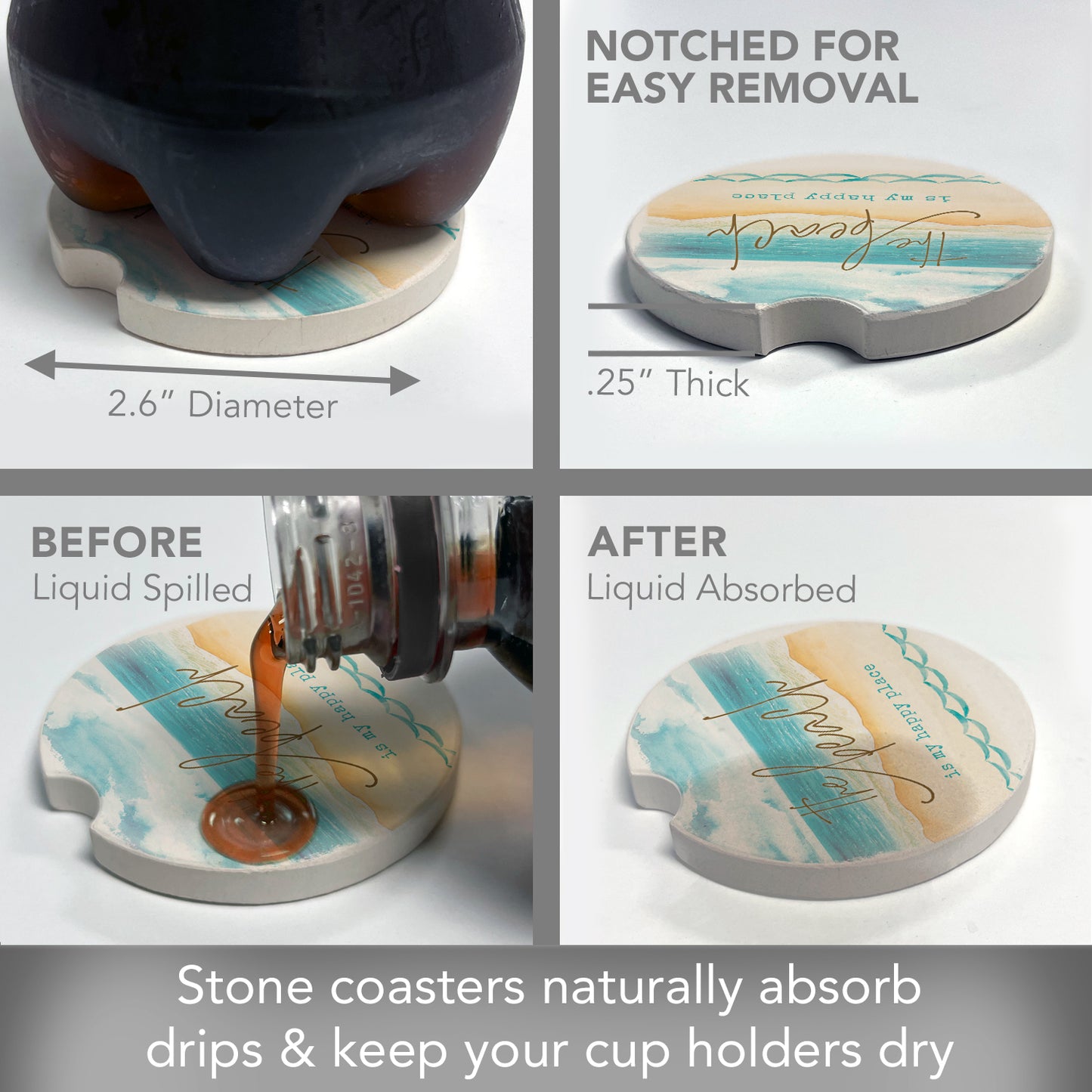 Thirstystone Beach-Happy Place Single Absorbent Stone Coaster for Vehicle Cup Holder 2.6” Diameter Manufactured in The USA