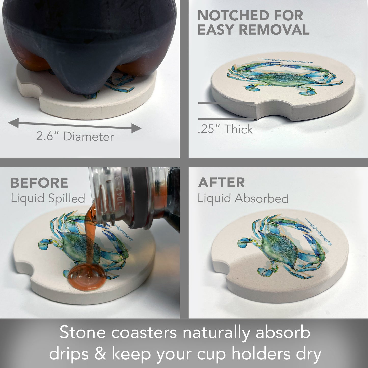 Thirstystone Teal Crab Single Absorbent Stone Coaster for Vehicle Cup Holder 2.6” Diameter Manufactured in The USA