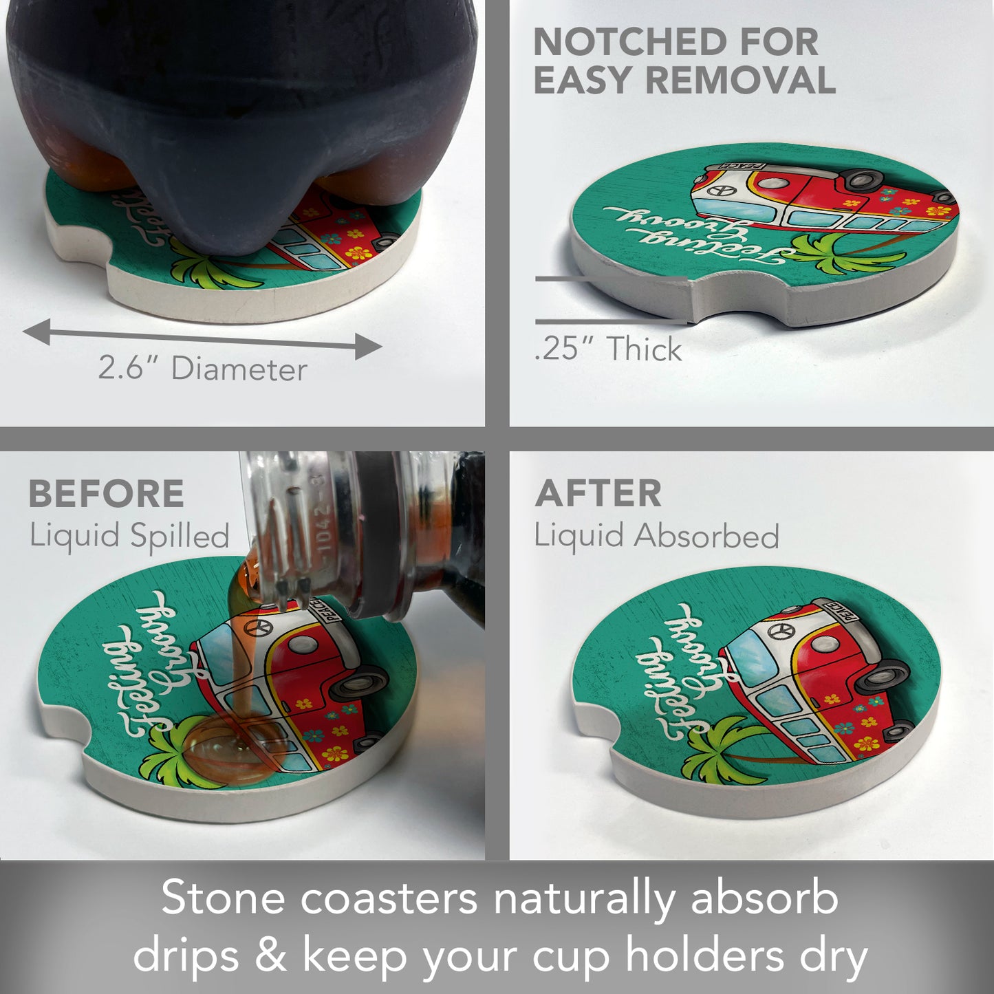 Thirstystone Feeling Groovy Single Absorbent Stone Coaster for Vehicle Cup Holder 2.6” Diameter Manufactured in The USA