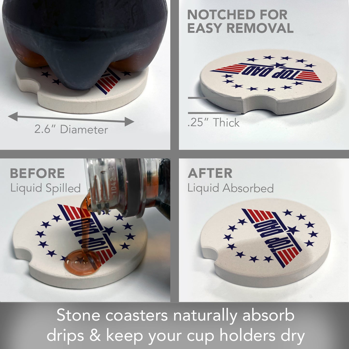 Thirstystone Top Dad Single Absorbent Stone Coaster for Vehicle Cup Holder 2.6” Diameter Manufactured in The USA