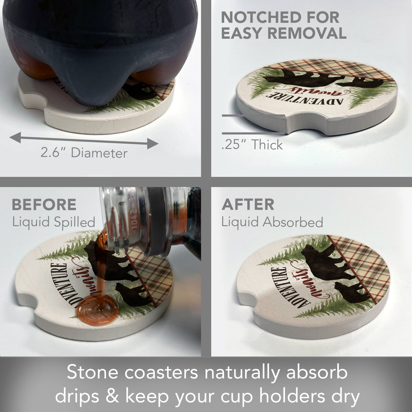 Adventure Awaits Single Absorbent Stone Coaster for Vehicle Cup Holder 2.6” Diameter Manufactured in The USA