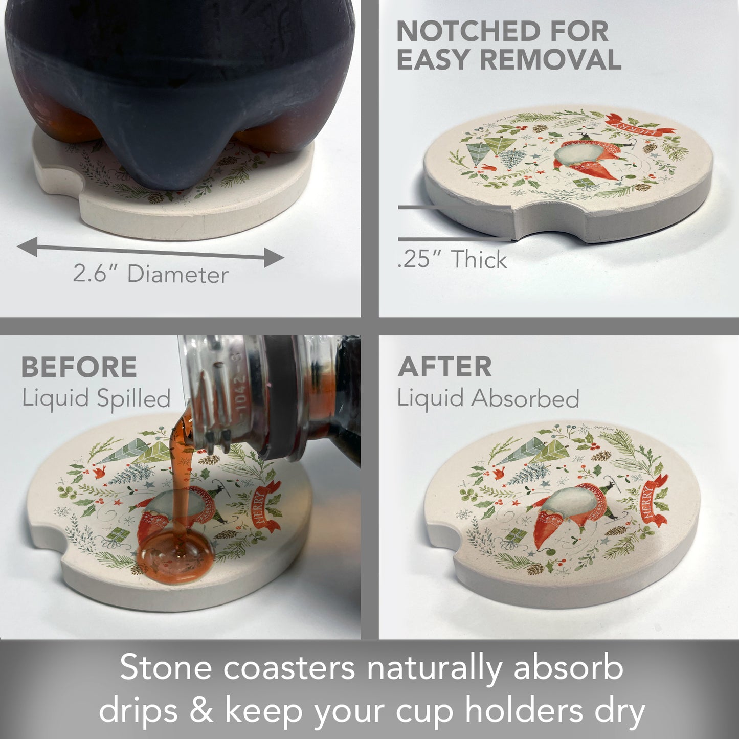 Thirstystone Jolly Gnome Absorbent Stone Coaster for Vehicle Cup Holder 1 Pack 2.6" Round Manufactured in The USA