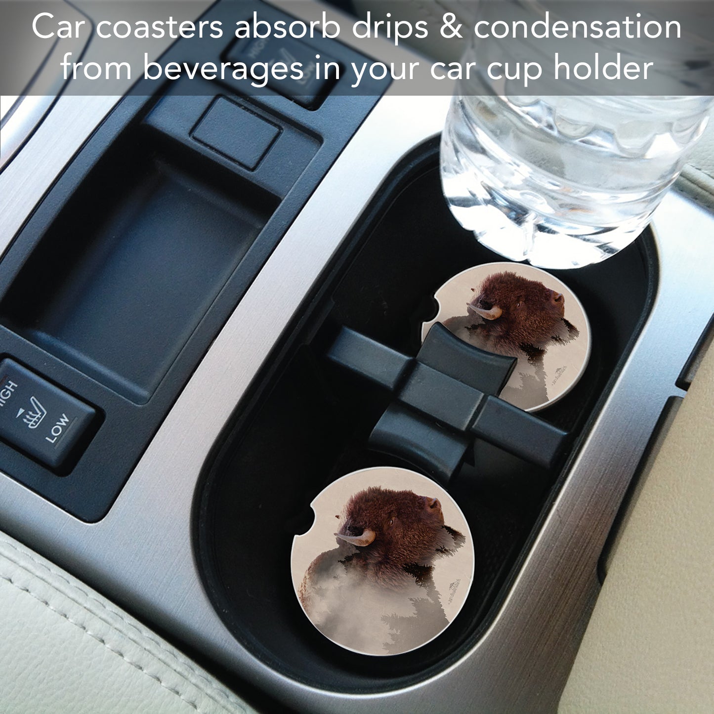 Thirstystone Buffalo Scene Single Absorbent Stone Coaster for Vehicle Cup Holder 2.6” Diameter Manufactured in The USA