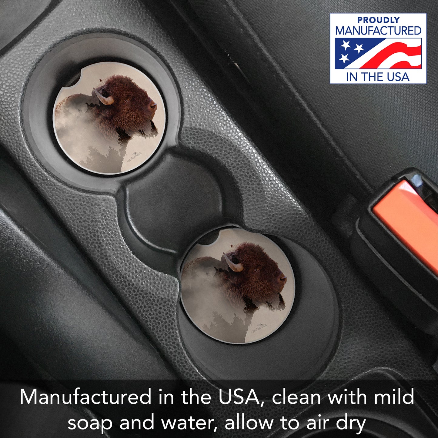 Thirstystone Buffalo Scene Single Absorbent Stone Coaster for Vehicle Cup Holder 2.6” Diameter Manufactured in The USA