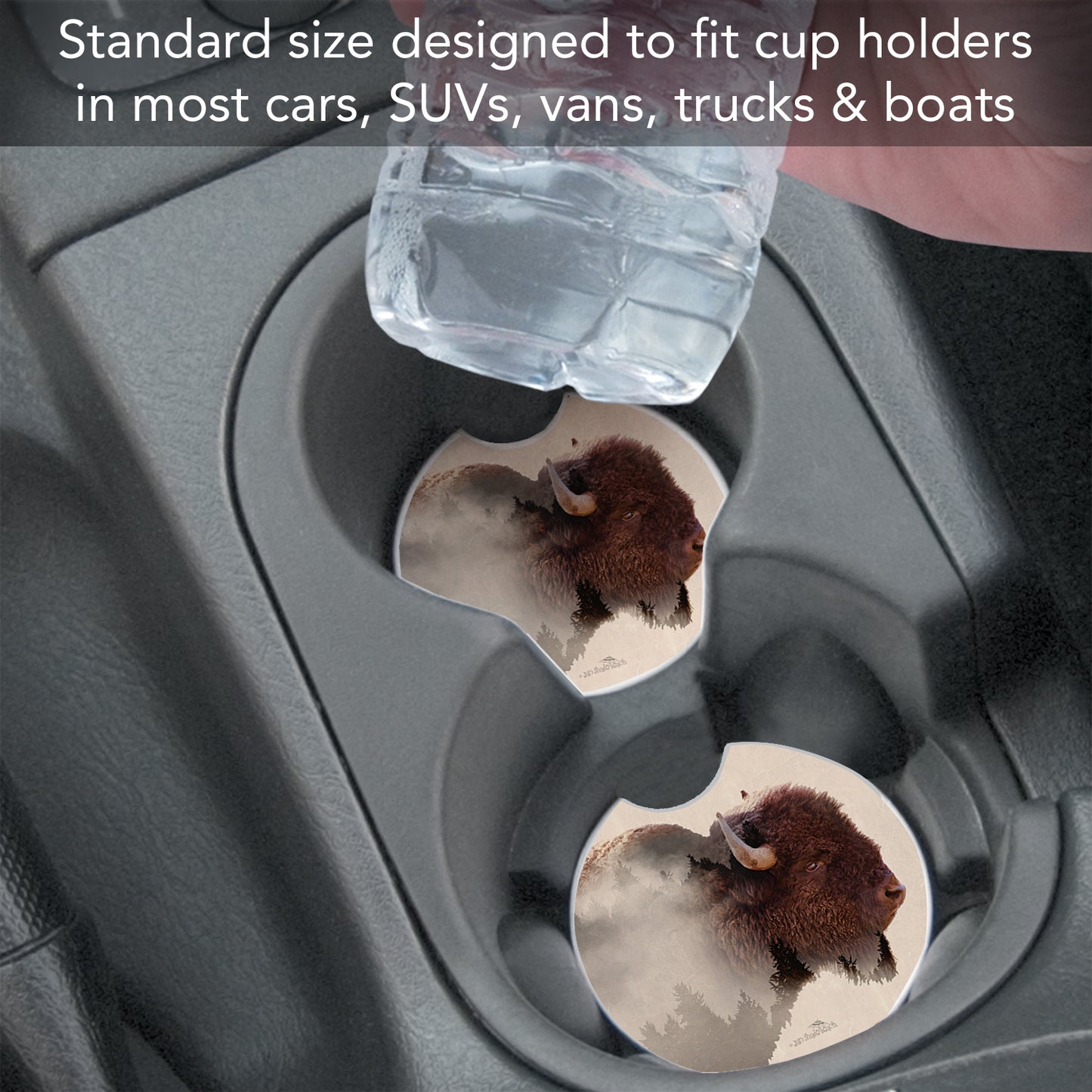 Thirstystone Buffalo Scene Single Absorbent Stone Coaster for Vehicle Cup Holder 2.6” Diameter Manufactured in The USA