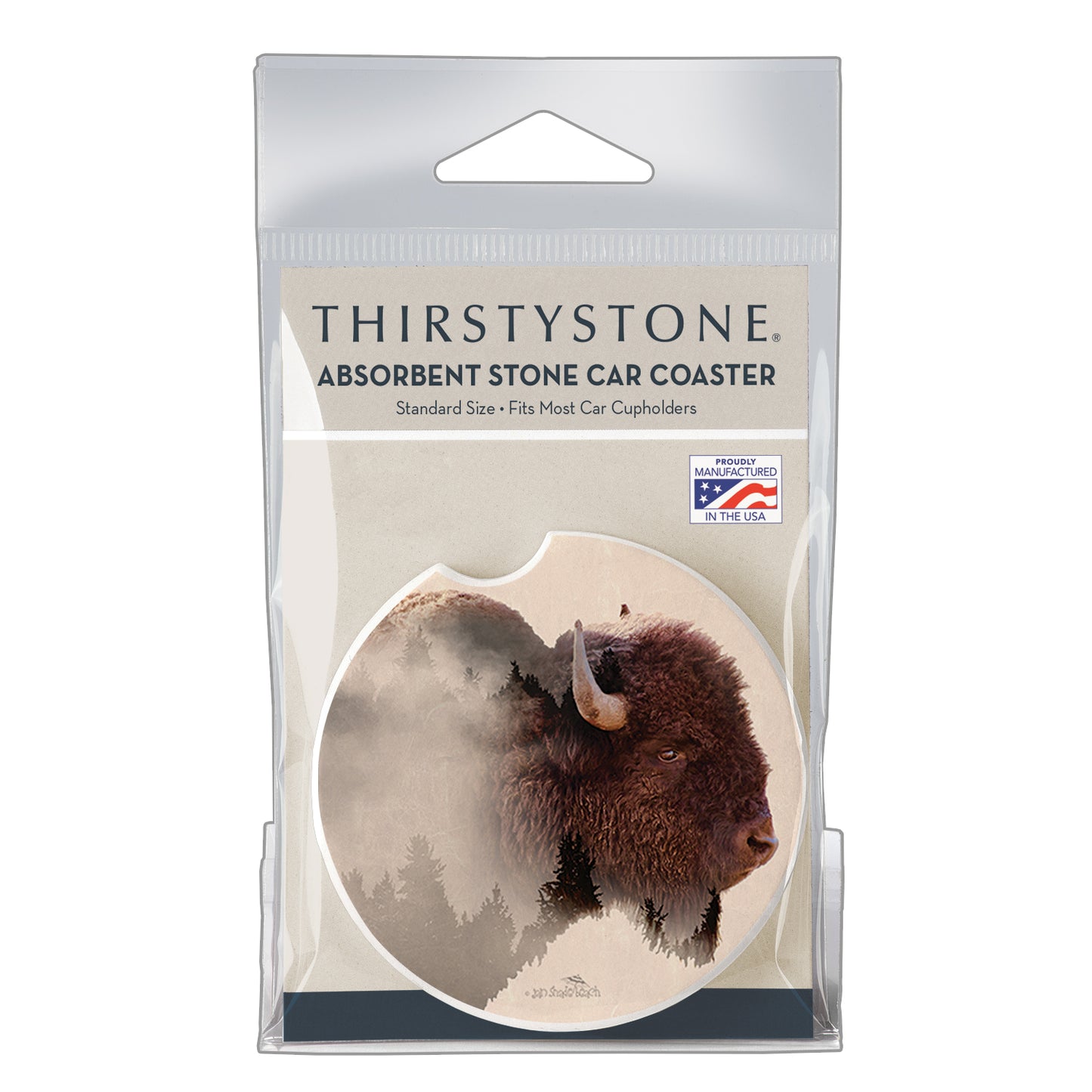 Thirstystone Buffalo Scene Single Absorbent Stone Coaster for Vehicle Cup Holder 2.6” Diameter Manufactured in The USA