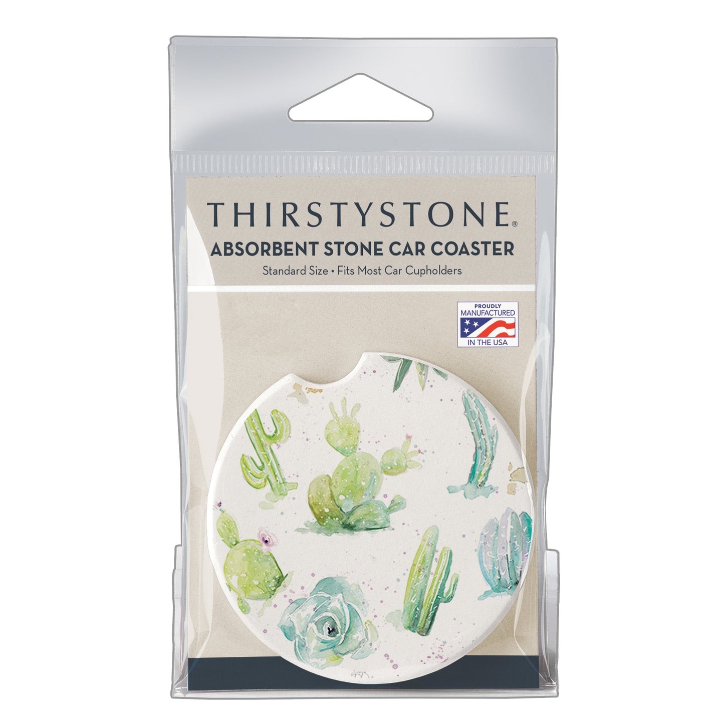 Cactus Garden Single Absorbent Stone Car Coaster 2.6” Diameter Manufactured in the USA