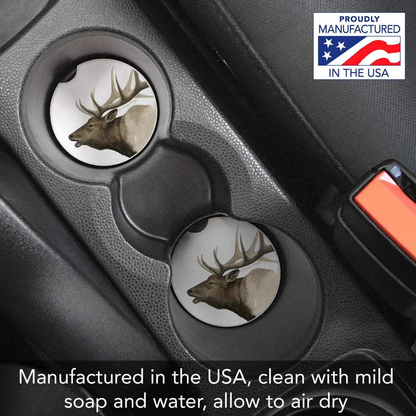 Thirstystone Call of The Elk Single Absorbent Stone Coaster for Vehicle Cup Holder 2.6” Diameter Manufactured in The USA