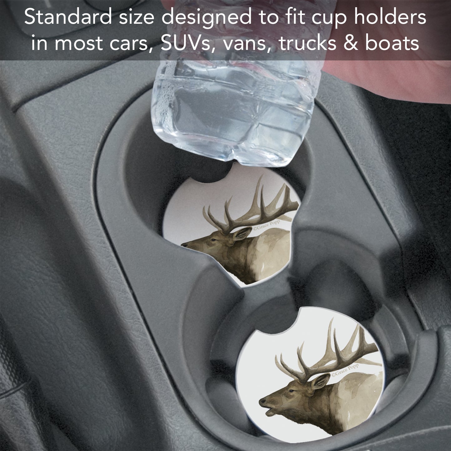 Thirstystone Call of The Elk Single Absorbent Stone Coaster for Vehicle Cup Holder 2.6” Diameter Manufactured in The USA
