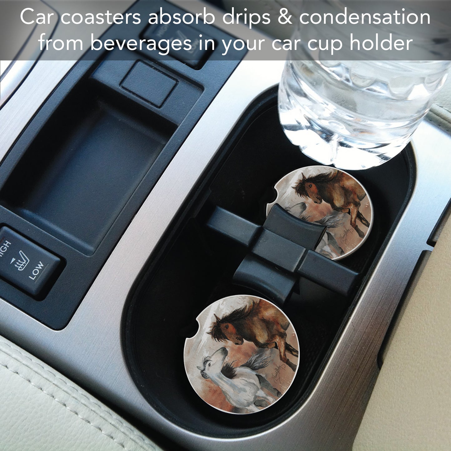 Thirstystone Wild Horses Single Absorbent Stone Car Coaster for Vehicle Cup Holder 2.6” Diameter Manufactured in The USA
