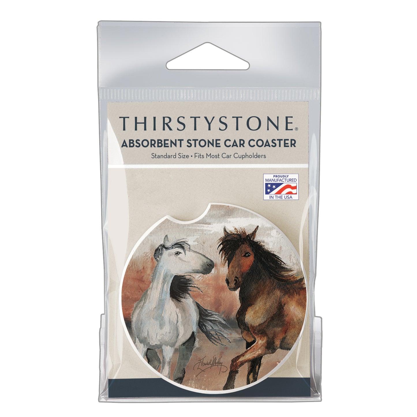 Wild Horses Single Absorbent Stone Car Coaster 2.6” Diameter Manufactured in the USA