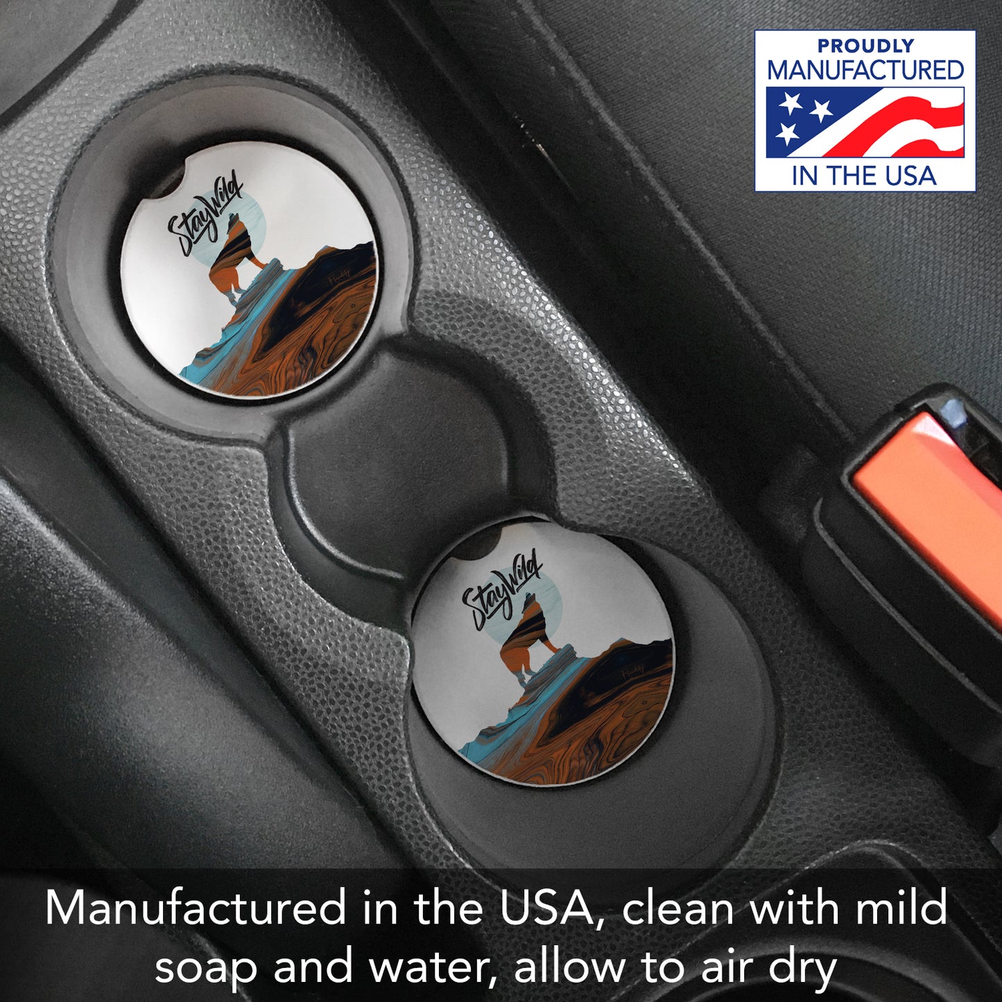 Thirstystone Stay Wild Wolf Single Absorbent Stone Coaster for Vehicle Cup Holder 2.6” Diameter Manufactured in The USA