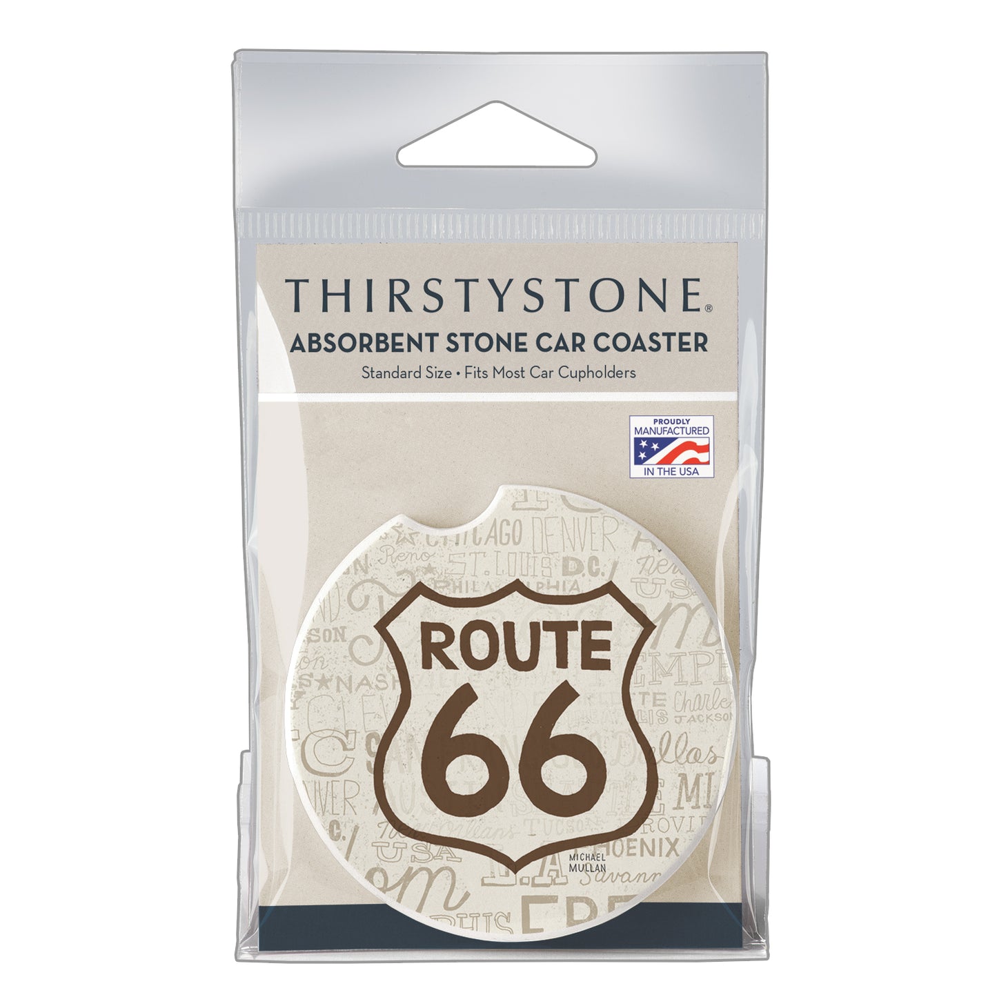 Thirstystone Route 66 Single Absorbent Stone Coaster for Vehicle Cup Holder 2.6” Diameter Manufactured in The USA