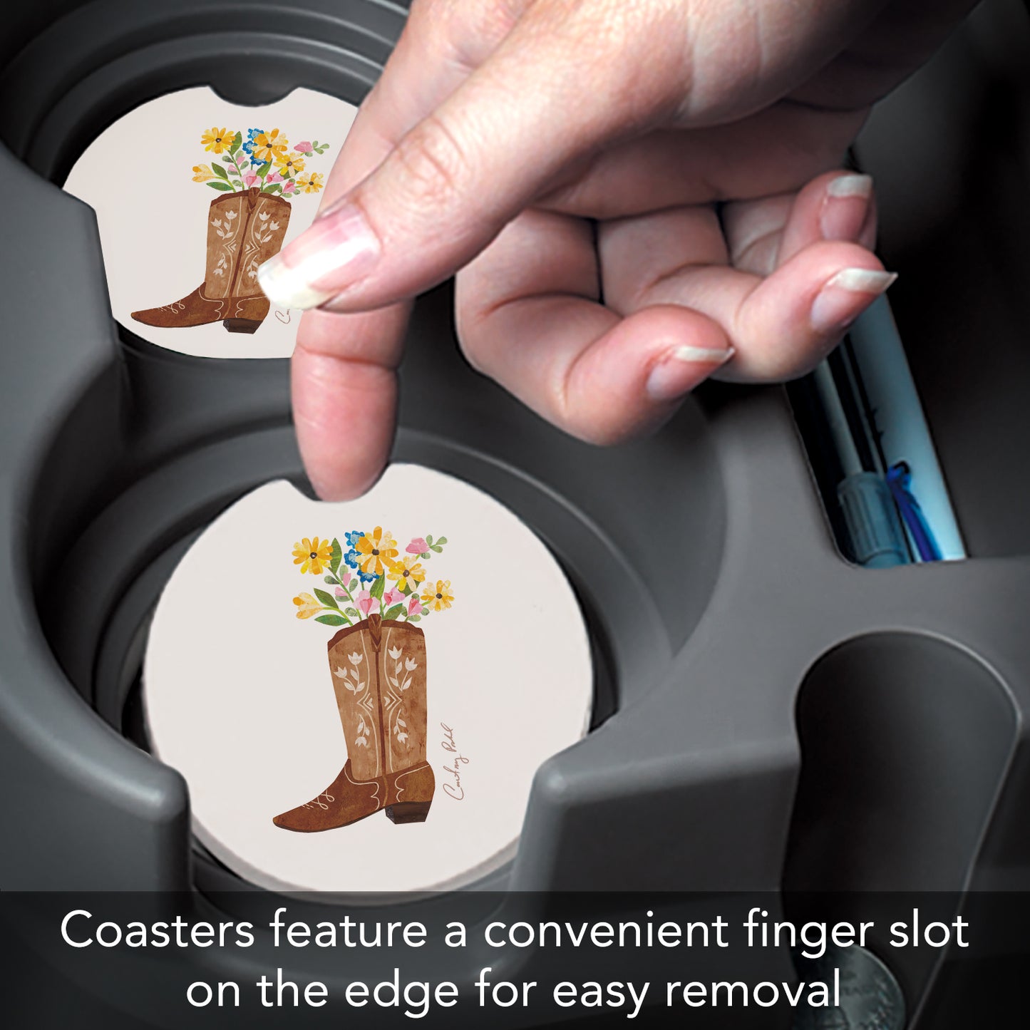 Thirstystone Cowgirl Boot Single Absorbent Stone Coaster for Vehicle Cup Holder 2.6” Diameter Manufactured in The USA
