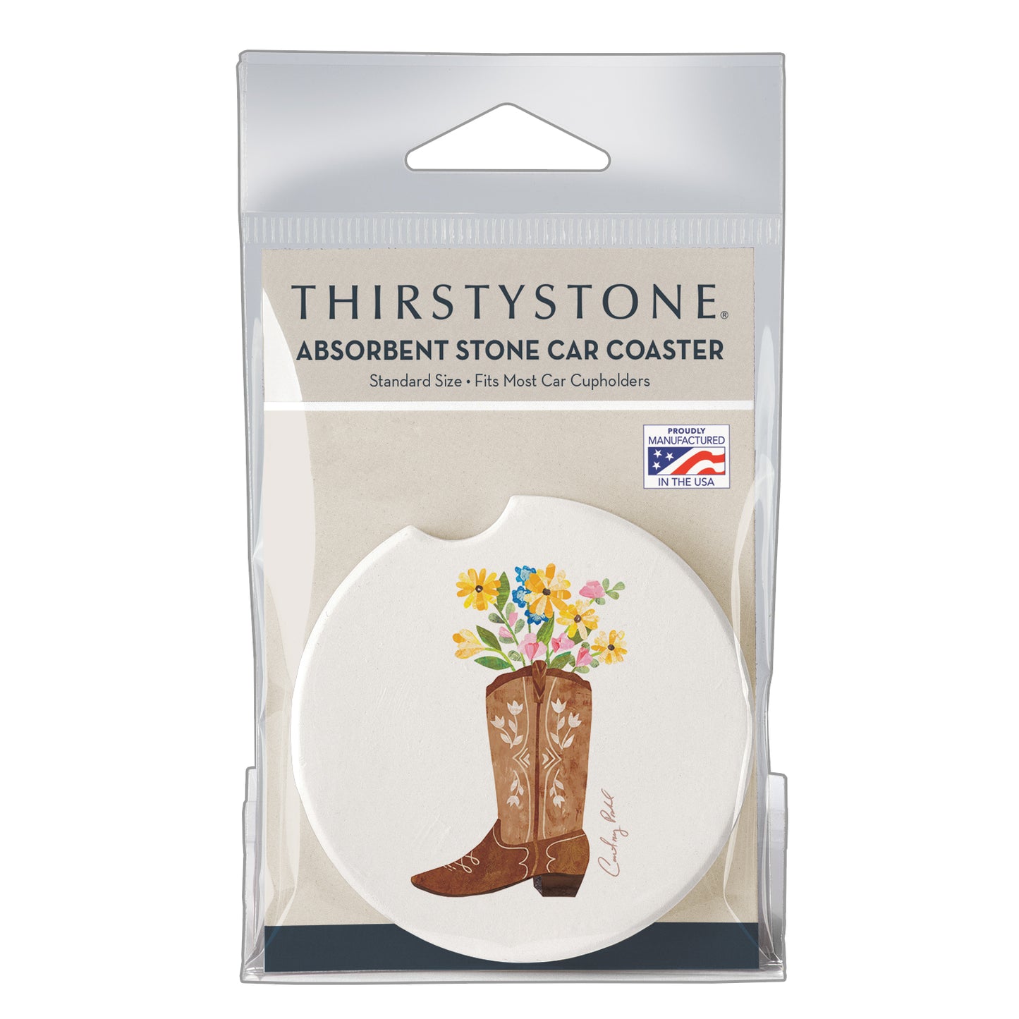 Thirstystone Cowgirl Boot Single Absorbent Stone Coaster for Vehicle Cup Holder 2.6” Diameter Manufactured in The USA